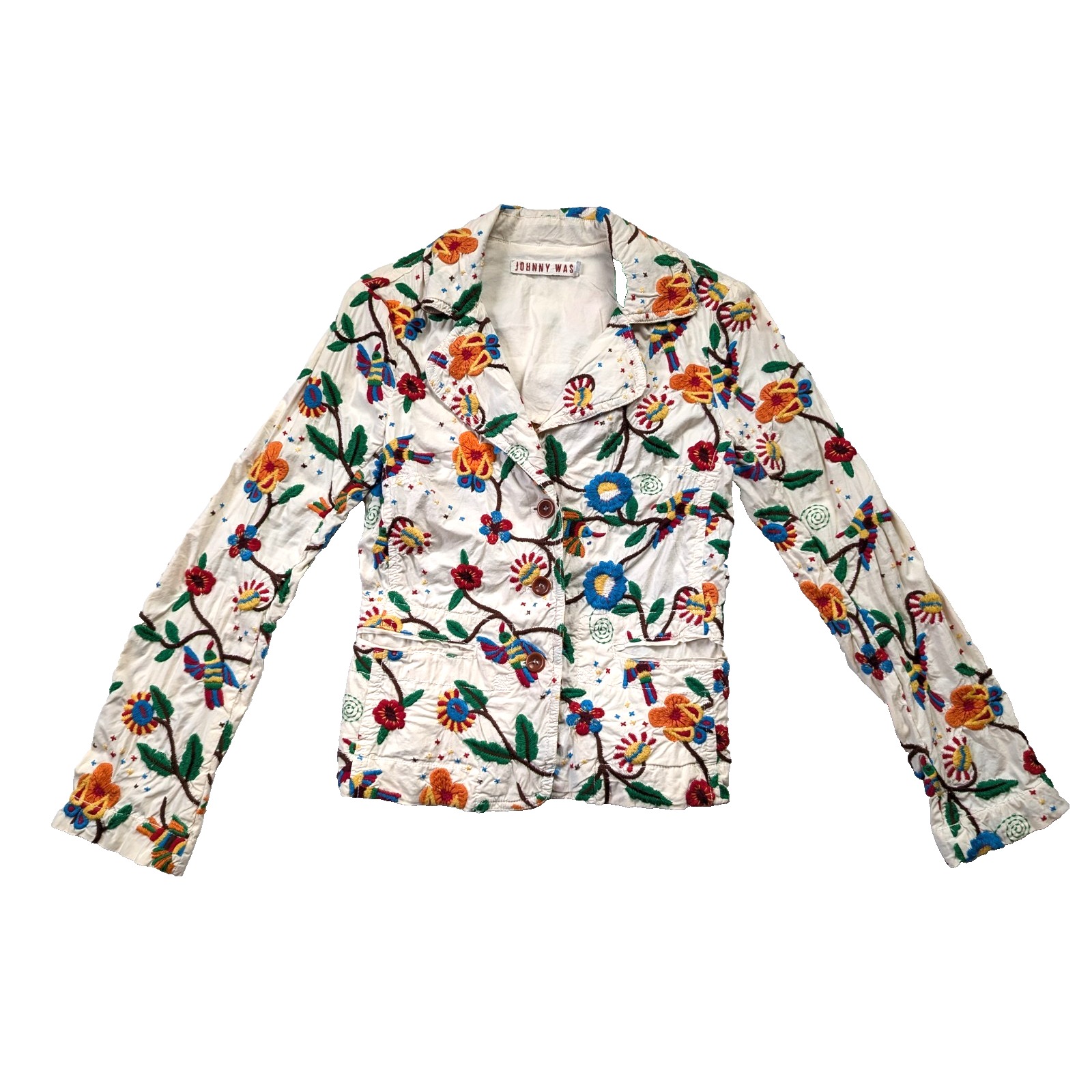 Johnny Was Blazer Womens Small Embroidered Birds Flowers Buttoned Floral White